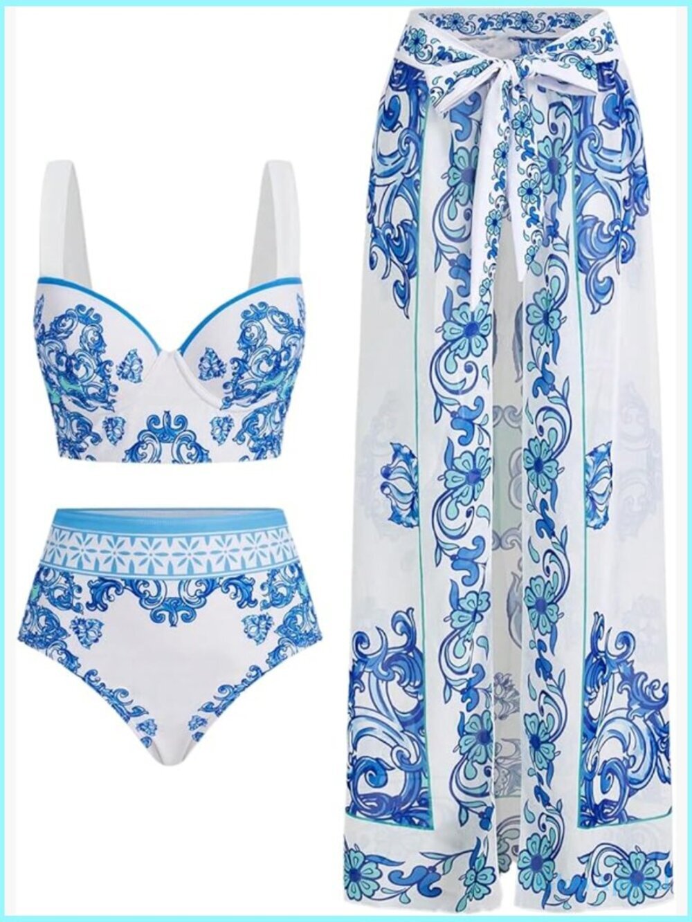 3 Piece Bikini Set with Floral Print & Beach Cover Up
